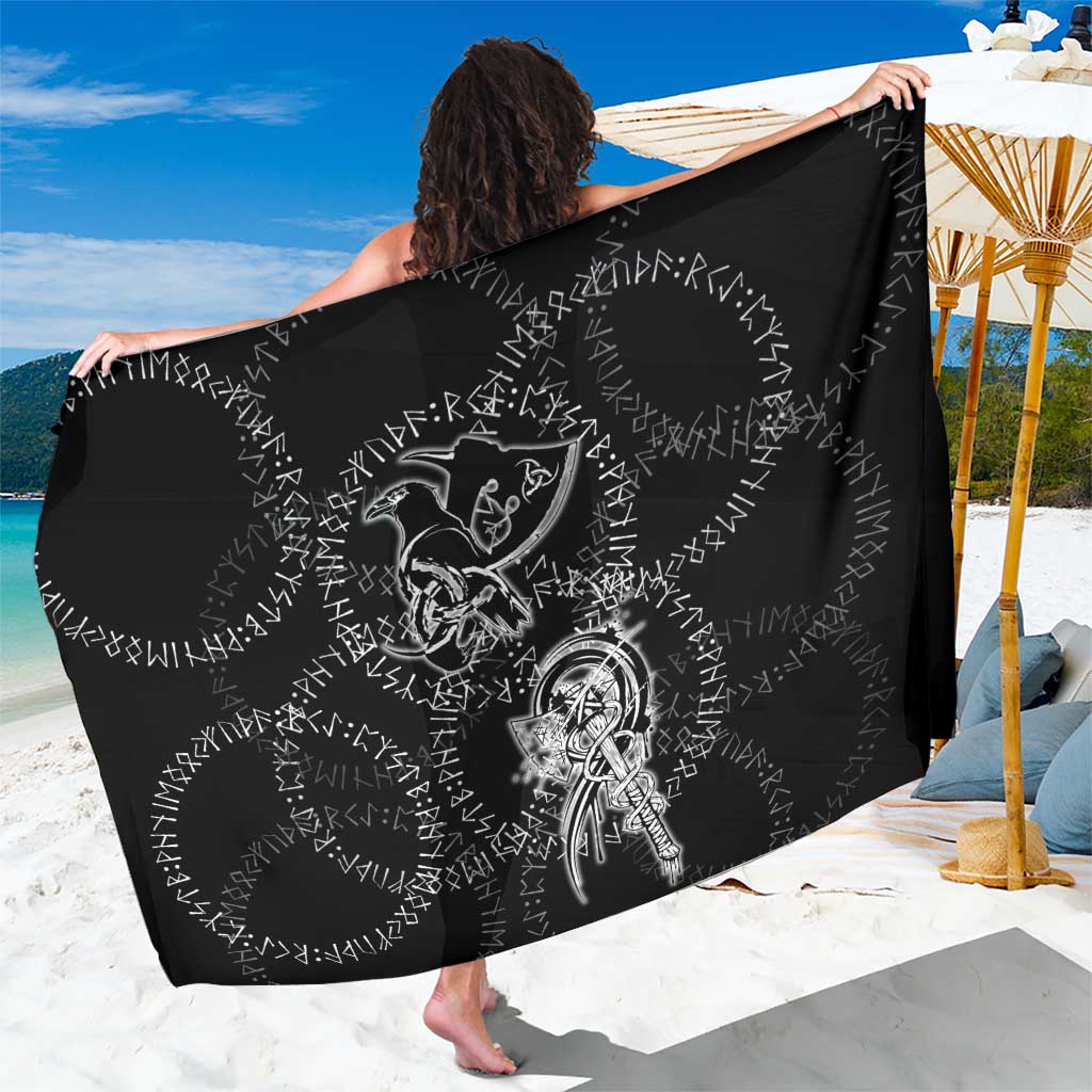 Norse Dragon and Viking Axe Sarong Monochrome Runic Line Art Illustration