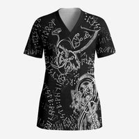 Norse Dragon and Viking Axe Scrub Top Monochrome Runic Line Art Illustration