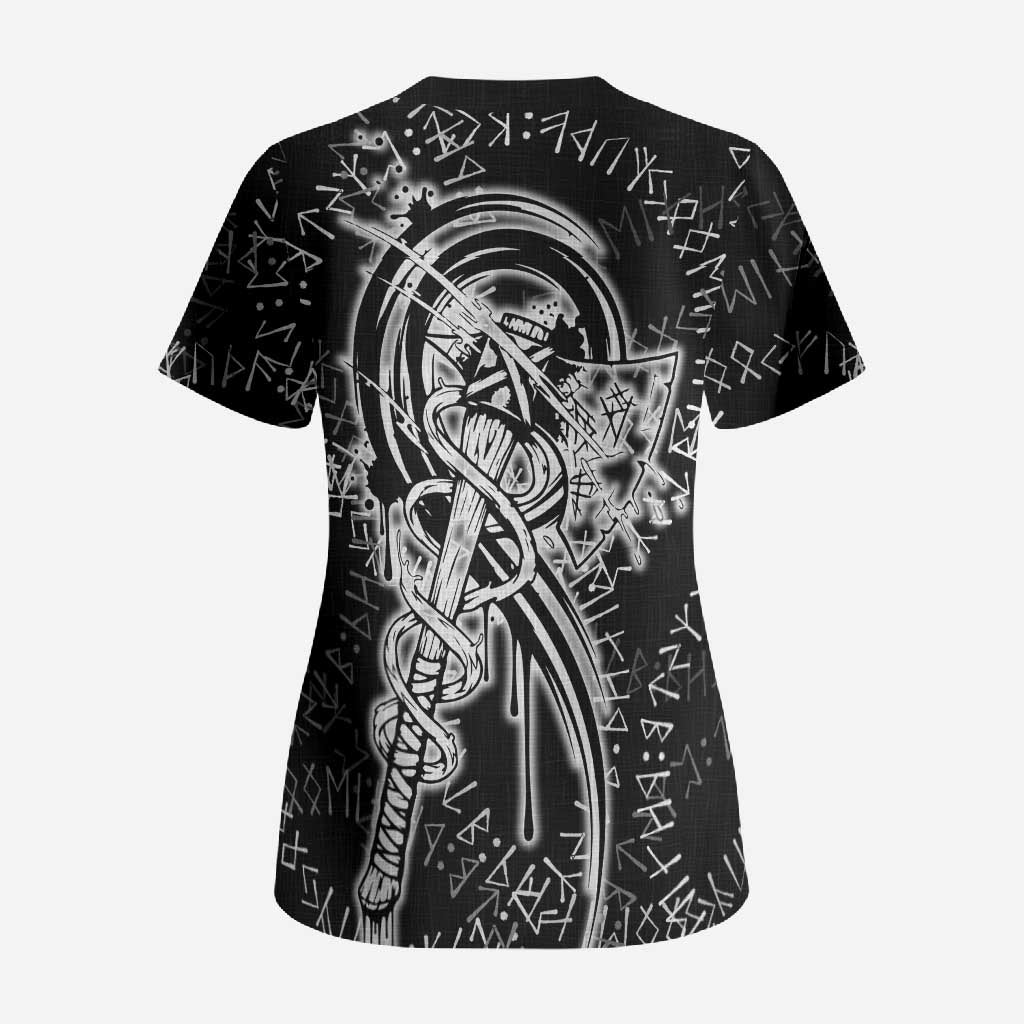 Norse Dragon and Viking Axe Scrub Top Monochrome Runic Line Art Illustration