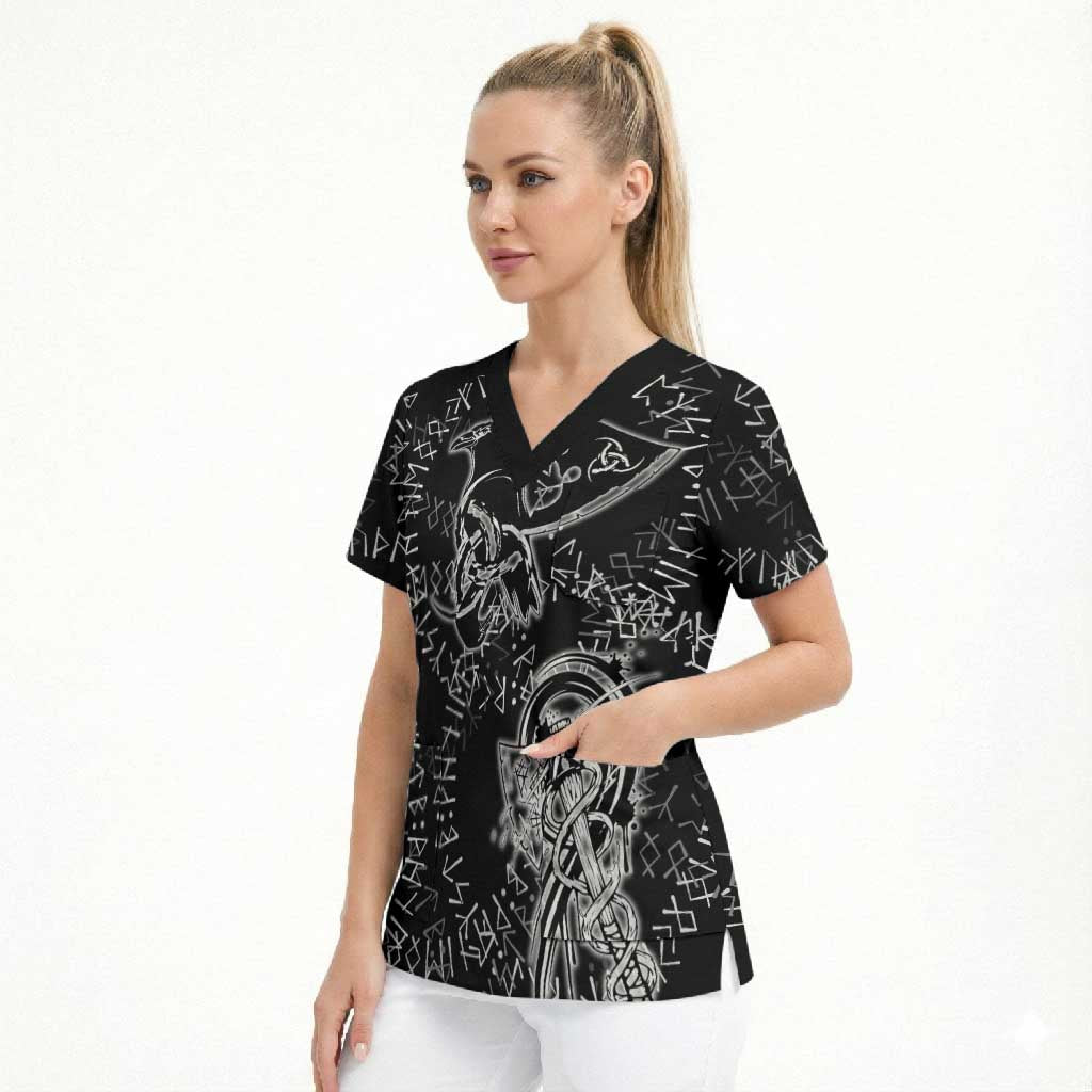 Norse Dragon and Viking Axe Scrub Top Monochrome Runic Line Art Illustration