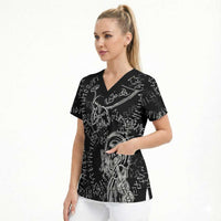 Norse Dragon and Viking Axe Scrub Top Monochrome Runic Line Art Illustration