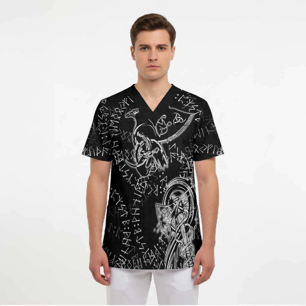 Norse Dragon and Viking Axe Scrub Top Monochrome Runic Line Art Illustration