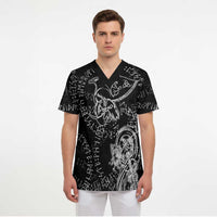 Norse Dragon and Viking Axe Scrub Top Monochrome Runic Line Art Illustration