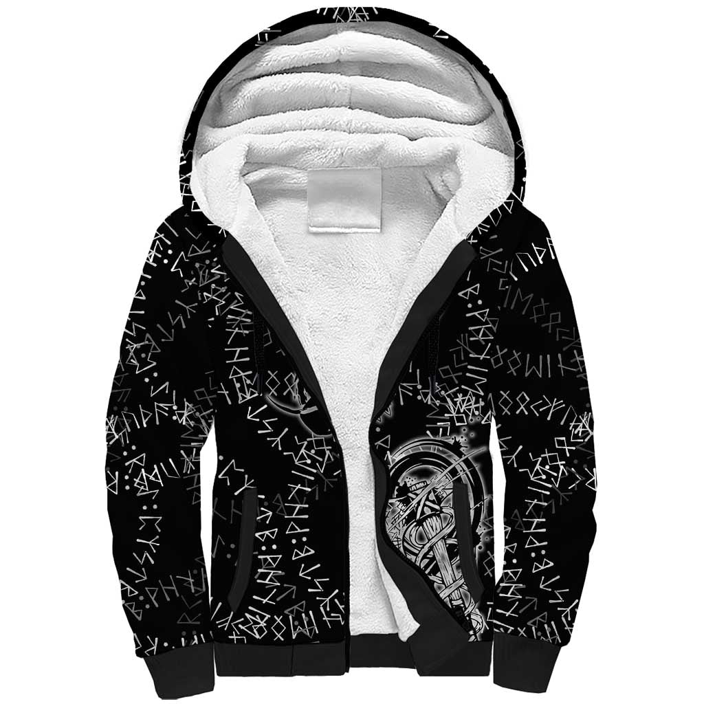 Norse Dragon and Viking Axe Sherpa Hoodie Monochrome Runic Line Art Illustration