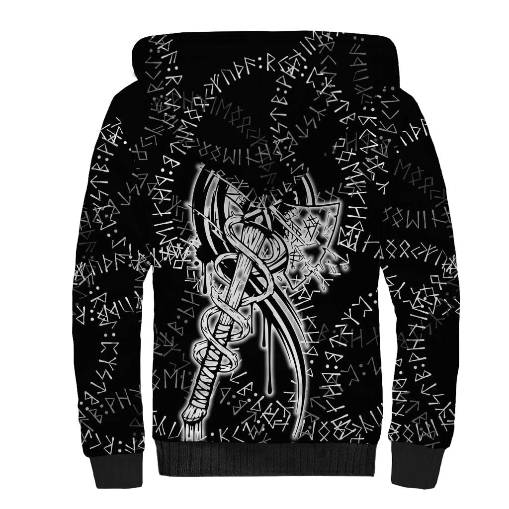 Norse Dragon and Viking Axe Sherpa Hoodie Monochrome Runic Line Art Illustration