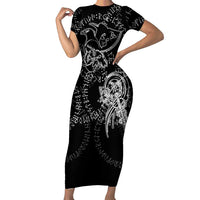 Norse Dragon and Viking Axe Short Sleeve Bodycon Dress Monochrome Runic Line Art Illustration