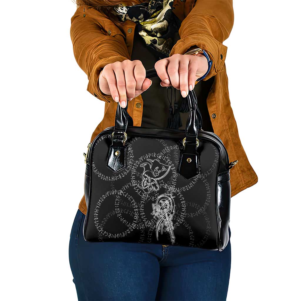 Norse Dragon and Viking Axe Shoulder Handbag Monochrome Runic Line Art Illustration