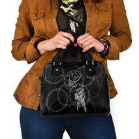 Norse Dragon and Viking Axe Shoulder Handbag Monochrome Runic Line Art Illustration