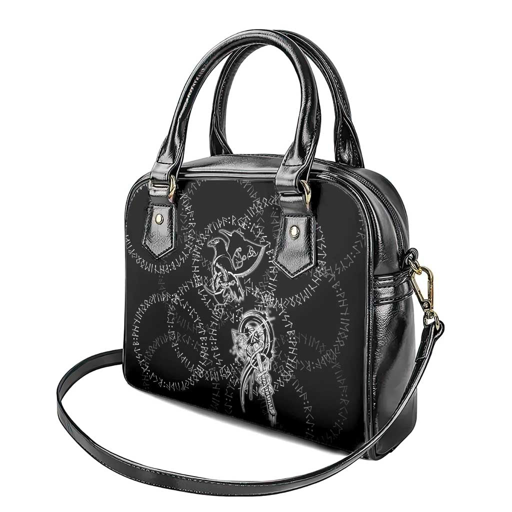Norse Dragon and Viking Axe Shoulder Handbag Monochrome Runic Line Art Illustration