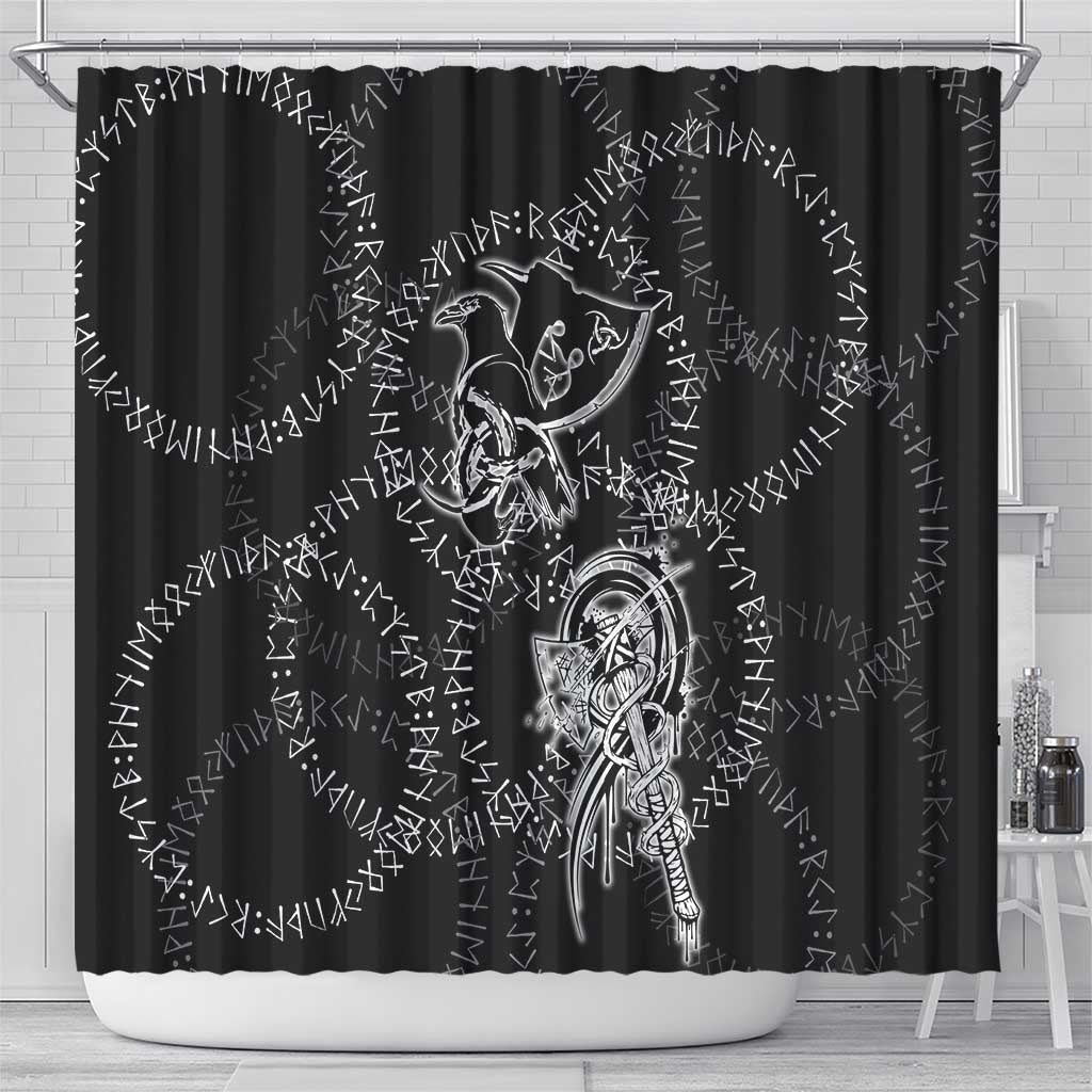 Norse Dragon and Viking Axe Shower Curtain Monochrome Runic Line Art Illustration