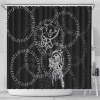 Norse Dragon and Viking Axe Shower Curtain Monochrome Runic Line Art Illustration