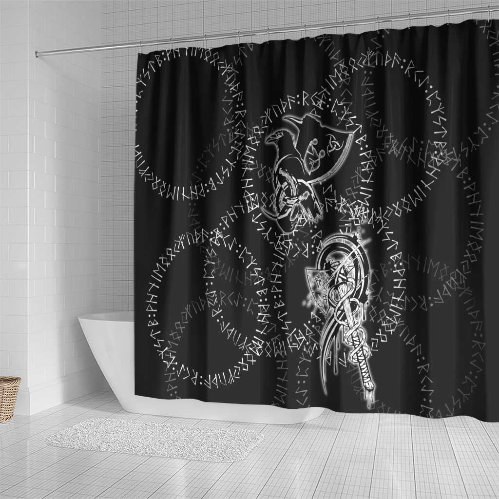 Norse Dragon and Viking Axe Shower Curtain Monochrome Runic Line Art Illustration