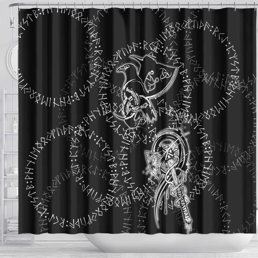 Norse Dragon and Viking Axe Shower Curtain Monochrome Runic Line Art Illustration