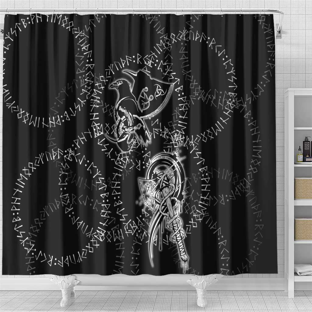 Norse Dragon and Viking Axe Shower Curtain Monochrome Runic Line Art Illustration