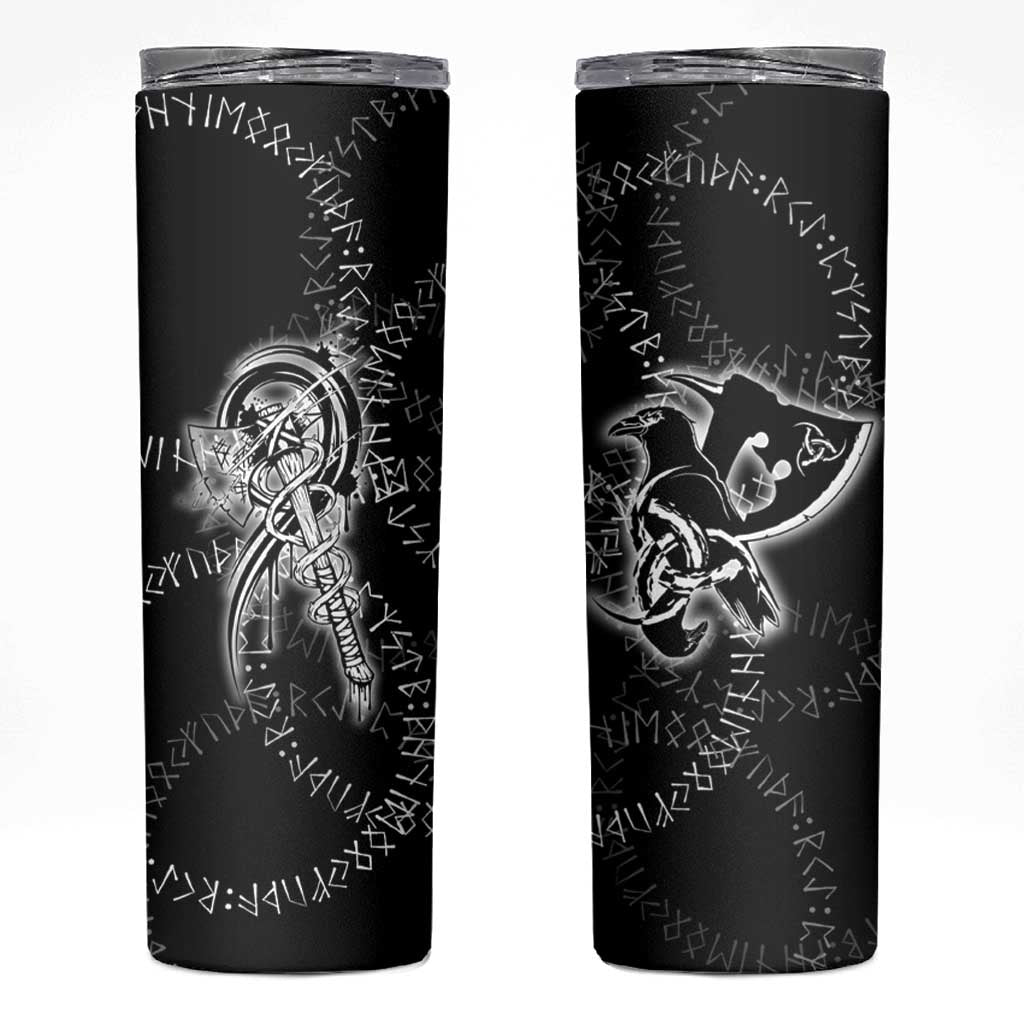 Norse Dragon and Viking Axe Skinny Tumbler Monochrome Runic Line Art Illustration