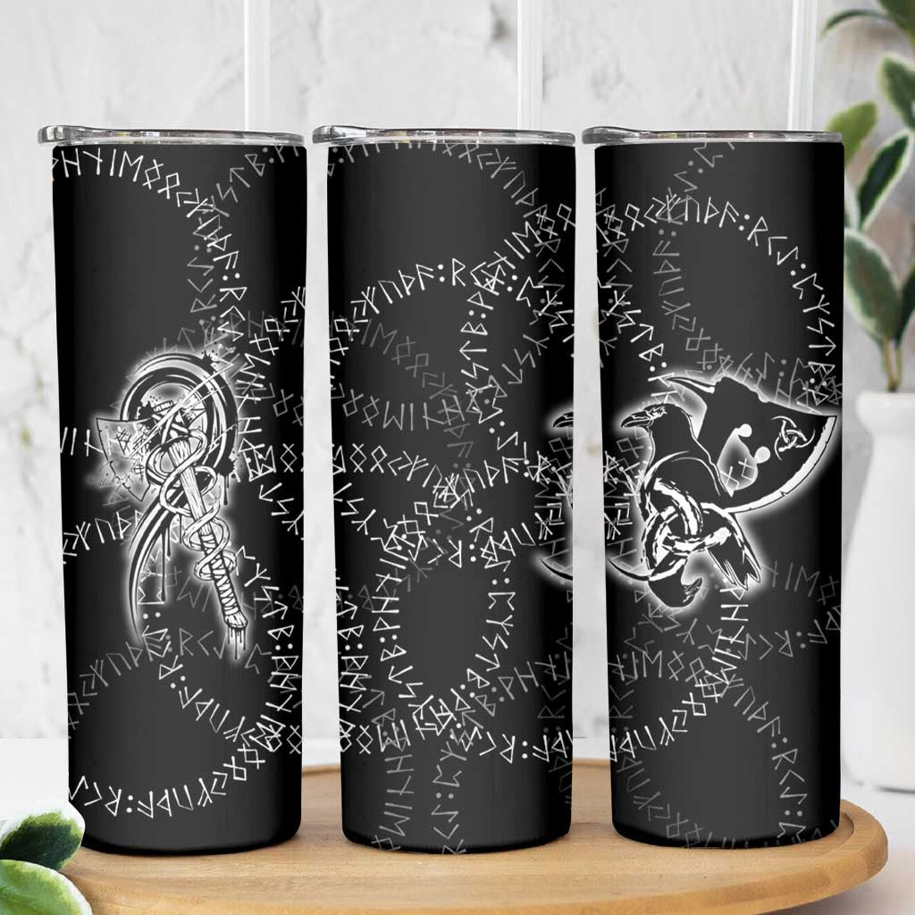 Norse Dragon and Viking Axe Skinny Tumbler Monochrome Runic Line Art Illustration
