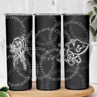 Norse Dragon and Viking Axe Skinny Tumbler Monochrome Runic Line Art Illustration