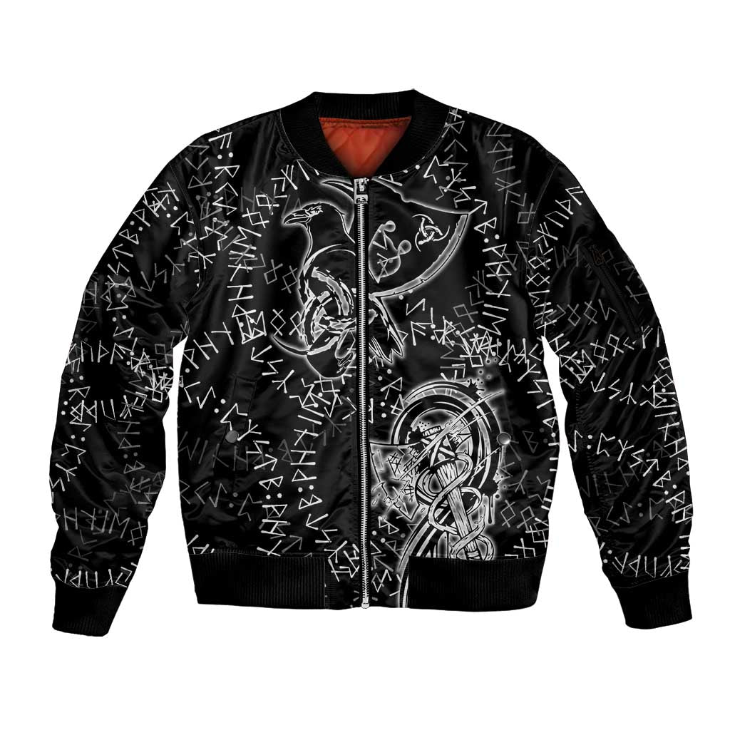 Norse Dragon and Viking Axe Sleeve Zip Bomber Jacket Monochrome Runic Line Art Illustration