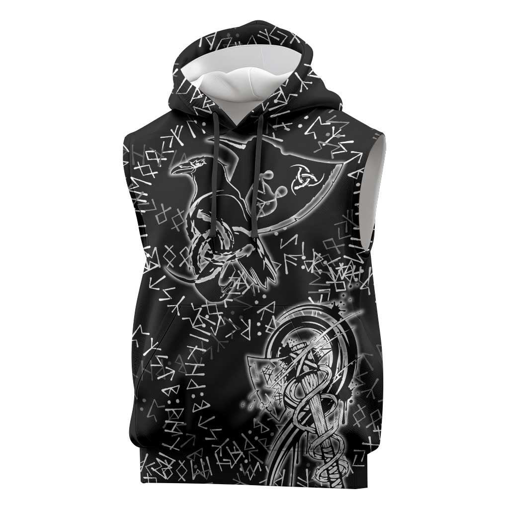 Norse Dragon and Viking Axe Sleeveless Hoodie Monochrome Runic Line Art Illustration