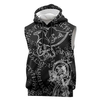 Norse Dragon and Viking Axe Sleeveless Hoodie Monochrome Runic Line Art Illustration