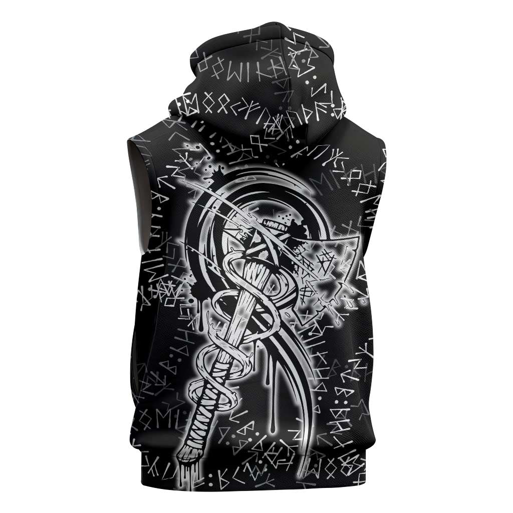Norse Dragon and Viking Axe Sleeveless Hoodie Monochrome Runic Line Art Illustration