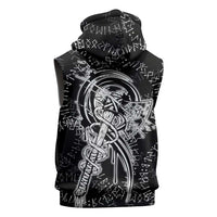 Norse Dragon and Viking Axe Sleeveless Hoodie Monochrome Runic Line Art Illustration
