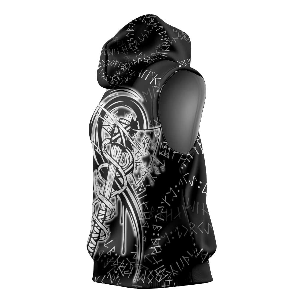 Norse Dragon and Viking Axe Sleeveless Hoodie Monochrome Runic Line Art Illustration