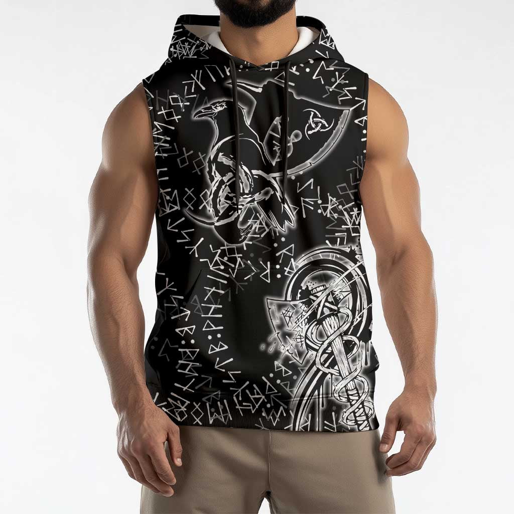 Norse Dragon and Viking Axe Sleeveless Hoodie Monochrome Runic Line Art Illustration