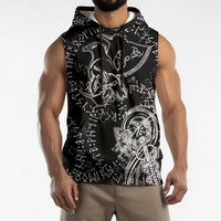 Norse Dragon and Viking Axe Sleeveless Hoodie Monochrome Runic Line Art Illustration