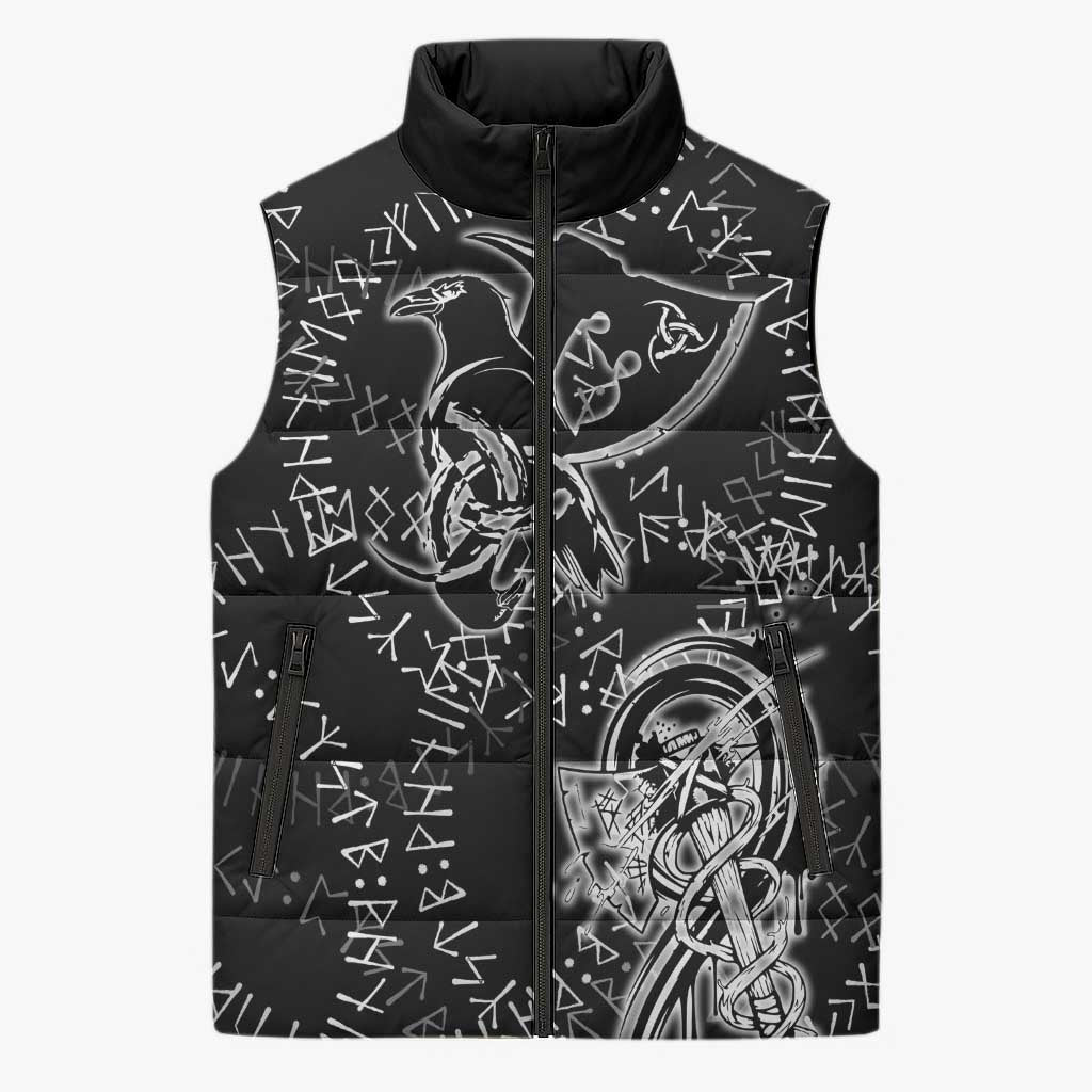 Norse Dragon and Viking Axe Sleeveless Puffer Jacket Monochrome Runic Line Art Illustration
