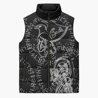 Norse Dragon and Viking Axe Sleeveless Puffer Jacket Monochrome Runic Line Art Illustration