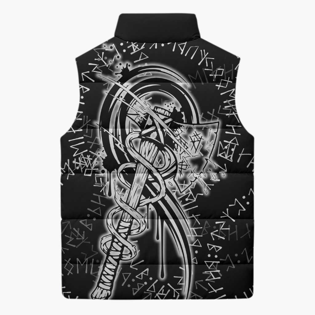 Norse Dragon and Viking Axe Sleeveless Puffer Jacket Monochrome Runic Line Art Illustration