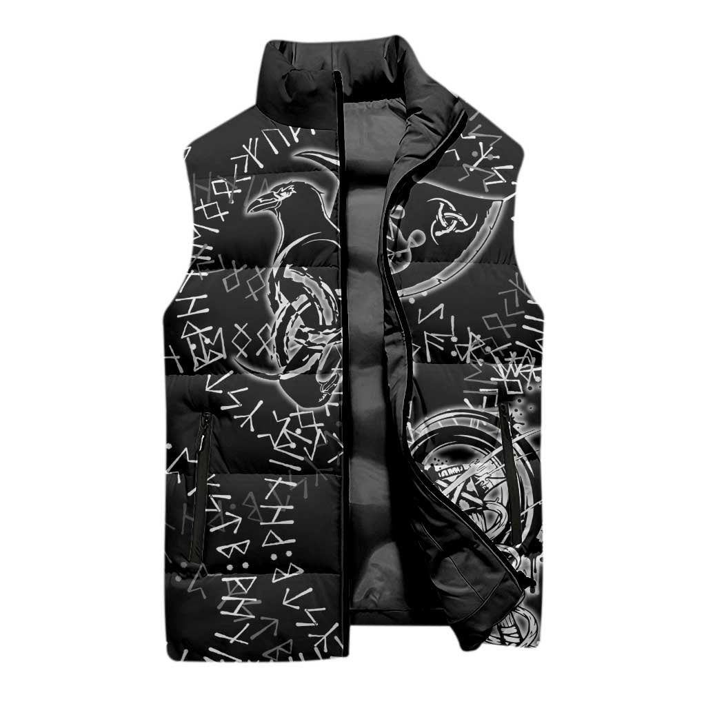 Norse Dragon and Viking Axe Sleeveless Puffer Jacket Monochrome Runic Line Art Illustration