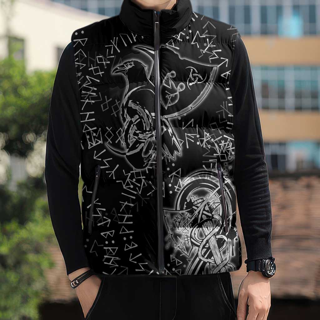 Norse Dragon and Viking Axe Sleeveless Puffer Jacket Monochrome Runic Line Art Illustration