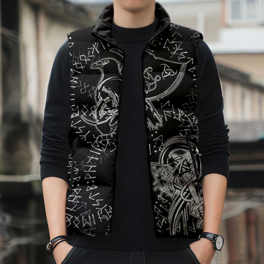 Norse Dragon and Viking Axe Sleeveless Puffer Jacket Monochrome Runic Line Art Illustration