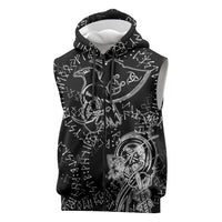 Norse Dragon and Viking Axe Sleeveless Zip Hoodie Monochrome Runic Line Art Illustration