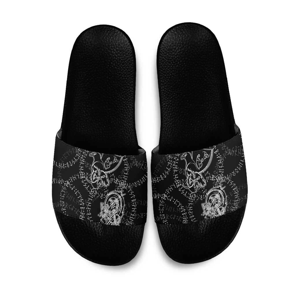 Norse Dragon and Viking Axe Slide Sandals Monochrome Runic Line Art Illustration