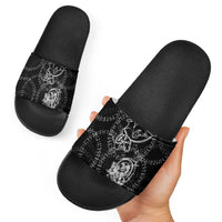 Norse Dragon and Viking Axe Slide Sandals Monochrome Runic Line Art Illustration
