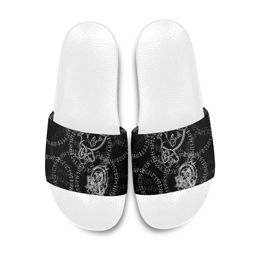 Norse Dragon and Viking Axe Slide Sandals Monochrome Runic Line Art Illustration