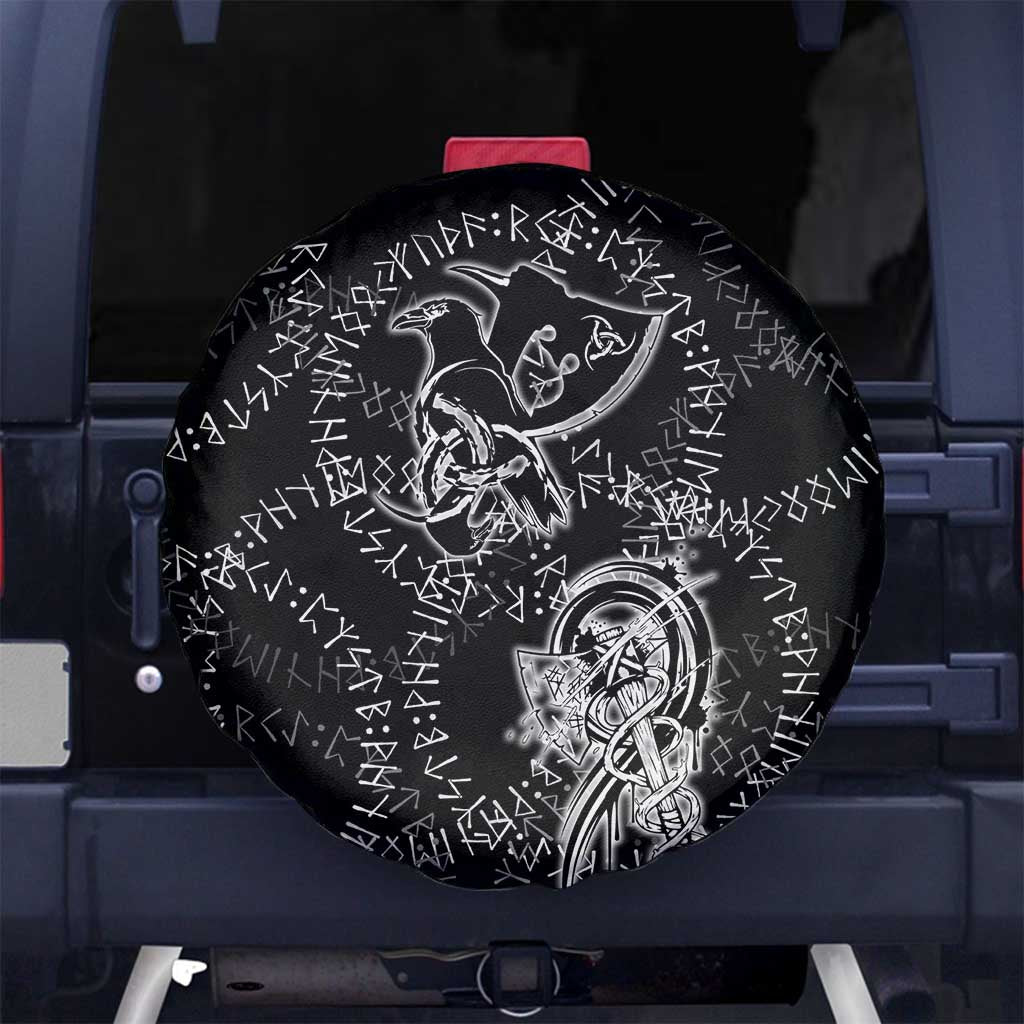 Norse Dragon and Viking Axe Spare Tire Cover Monochrome Runic Line Art Illustration
