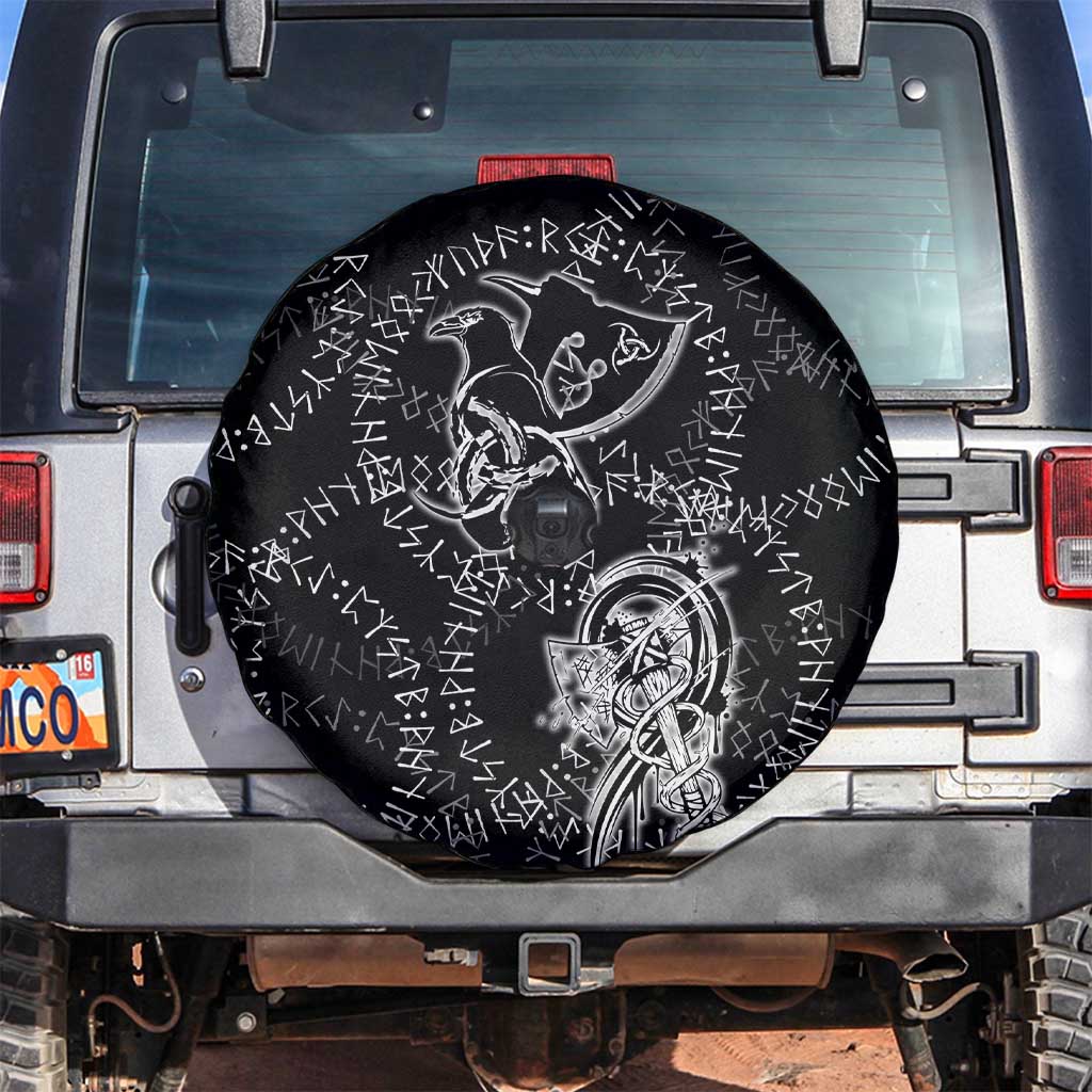 Norse Dragon and Viking Axe Spare Tire Cover Monochrome Runic Line Art Illustration