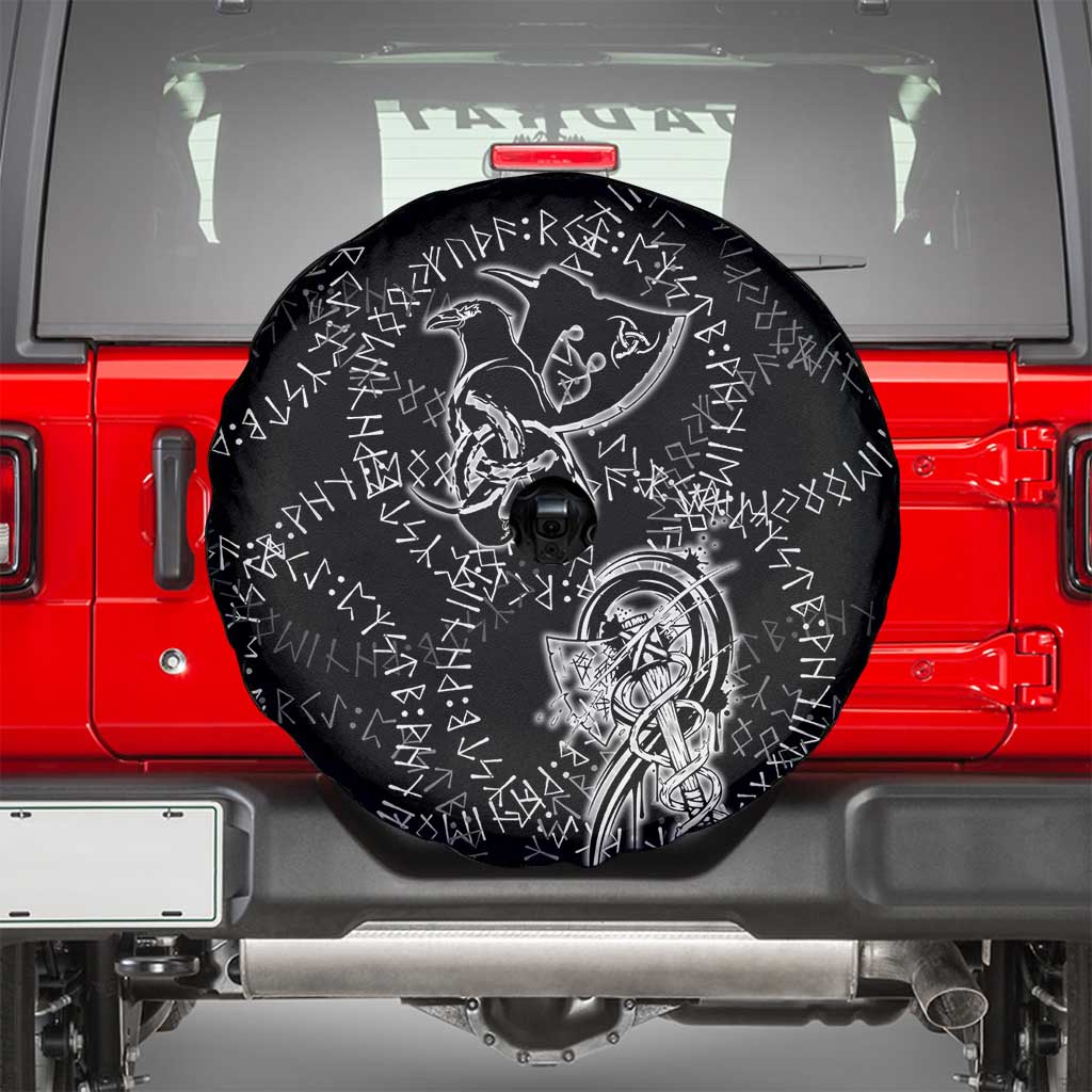 Norse Dragon and Viking Axe Spare Tire Cover Monochrome Runic Line Art Illustration