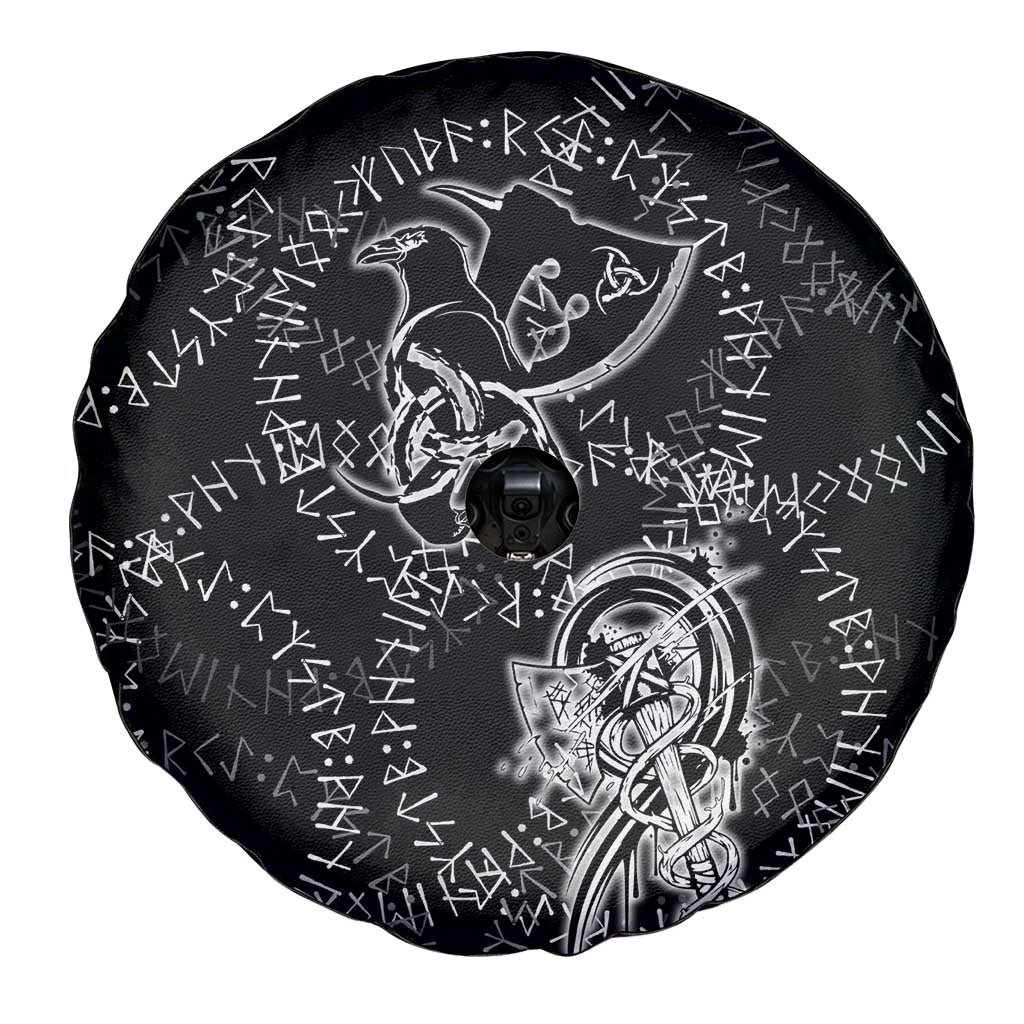 Norse Dragon and Viking Axe Spare Tire Cover Monochrome Runic Line Art Illustration