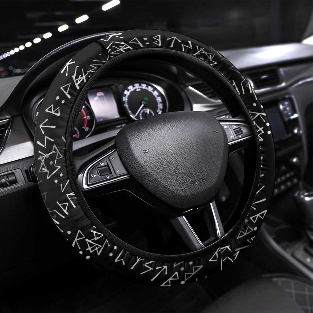Norse Dragon and Viking Axe Steering Wheel Cover Monochrome Runic Line Art Illustration