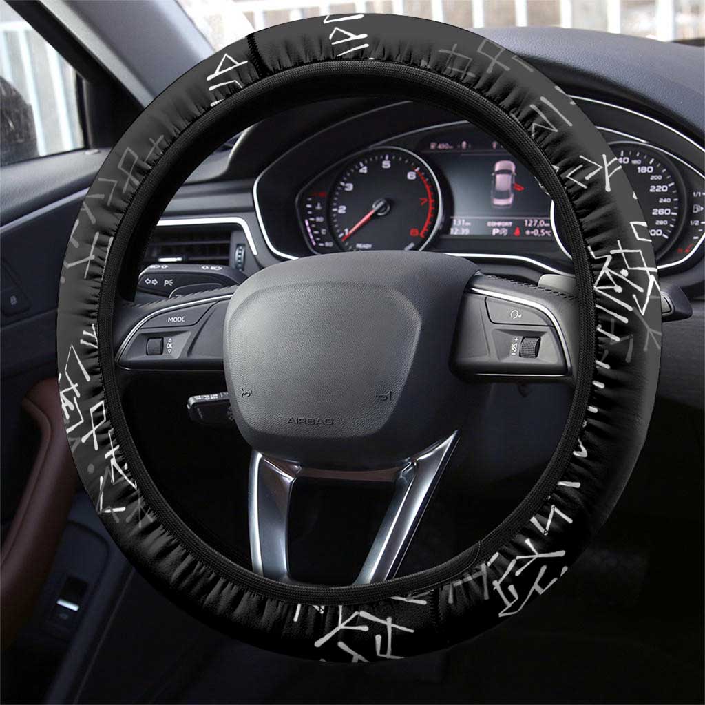 Norse Dragon and Viking Axe Steering Wheel Cover Monochrome Runic Line Art Illustration
