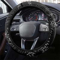 Norse Dragon and Viking Axe Steering Wheel Cover Monochrome Runic Line Art Illustration