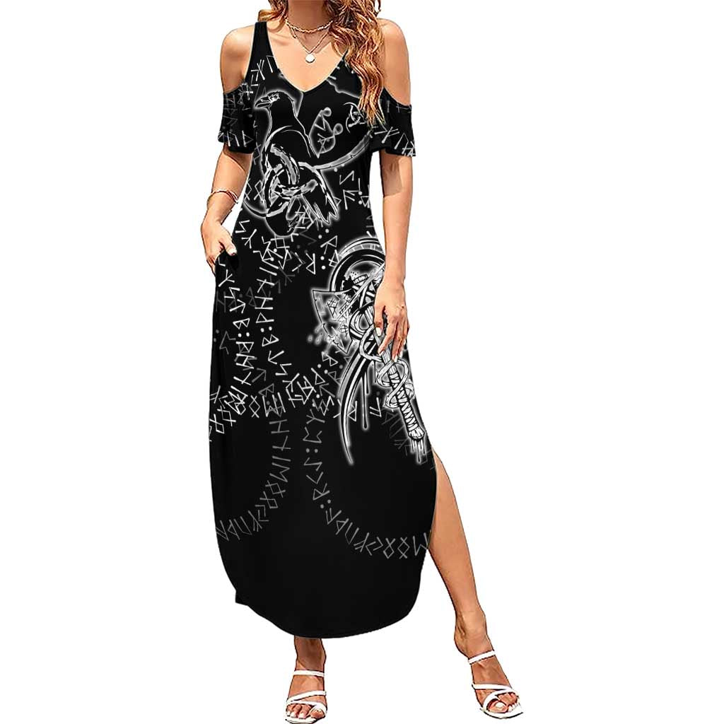 Norse Dragon and Viking Axe Summer Maxi Dress Monochrome Runic Line Art Illustration