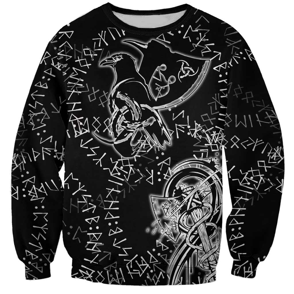Norse Dragon and Viking Axe Sweatshirt Monochrome Runic Line Art Illustration