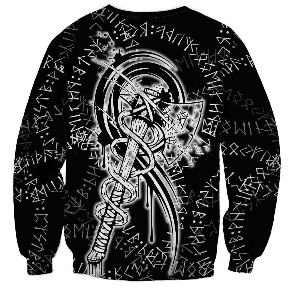 Norse Dragon and Viking Axe Sweatshirt Monochrome Runic Line Art Illustration