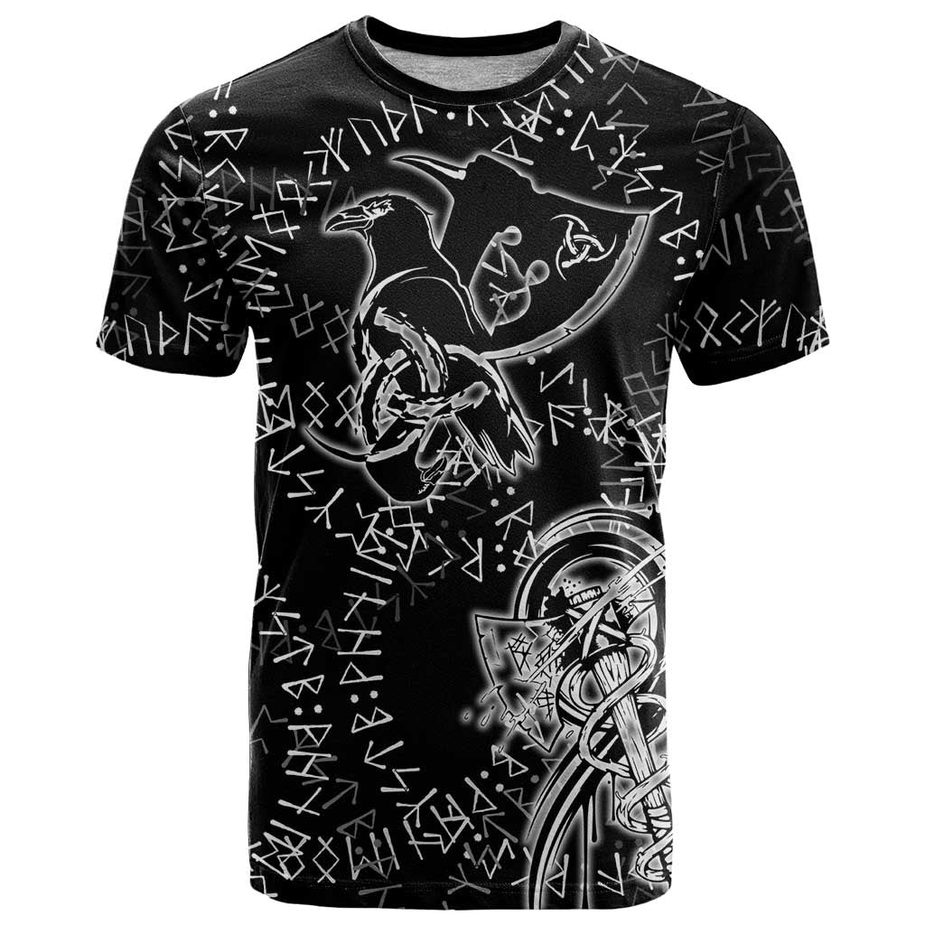 Norse Dragon and Viking Axe T Shirt Monochrome Runic Line Art Illustration